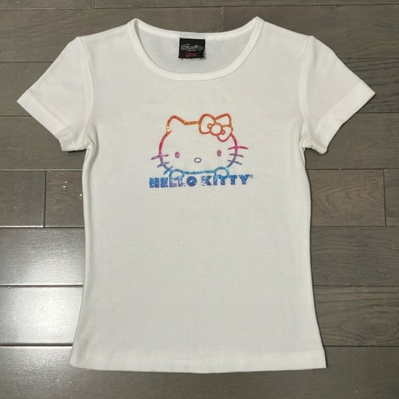 Y2K Vintage 2001 Hello Kitty by Doe T-Shirt with Rainbow Glitter Print Size S